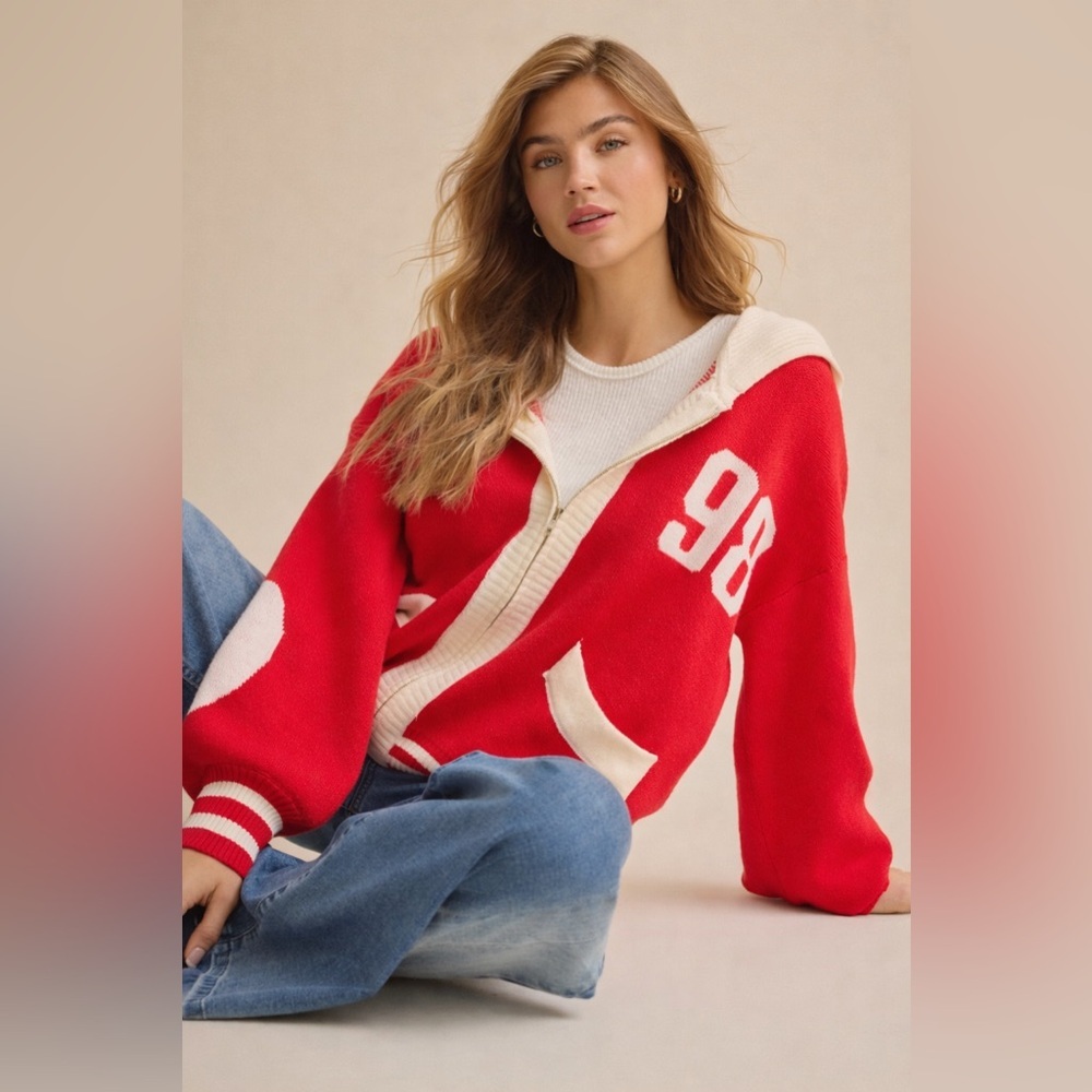 Altar'd State Red White Jocelyn Zip Up Varsity Jacket Small